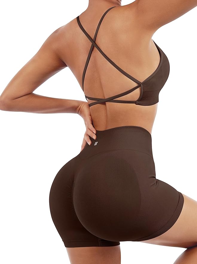SUUKSESS Women Seamless Workout Sets Strappy Sports Bra High Waist Booty Shorts Outfits