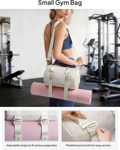 TOPEAST Small Gym Bag for Women with Yoga Mat Holder, Small Sports Duffle Bag Mini Gym Tote Bag with Water Bottle Pocket & Coin Purse for Weekender Travel Dance Workout, Beige
