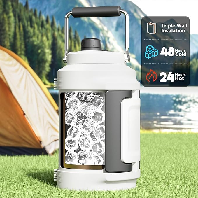 1 Gallon Insulated Water Bottle for Sports: Meoky 128 oz Triple Wall Vacuum Stainless Steel Water Jug - Top and Side Handles, Cold for 48 Hrs, 2-in-1 Straw and Spout Lid, Leak Proof for Hiking (Ivory)