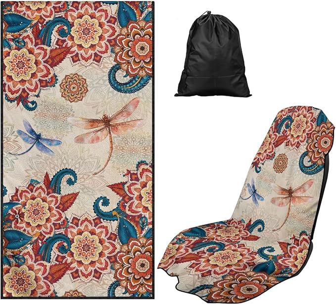 Bulopur Boho Floral Dragonfly Car Seat Towel Cover After Gym Workout Beach Swimming Sweating Car Seat Cover Fits for Car SUV Sedan Truck Front Seats