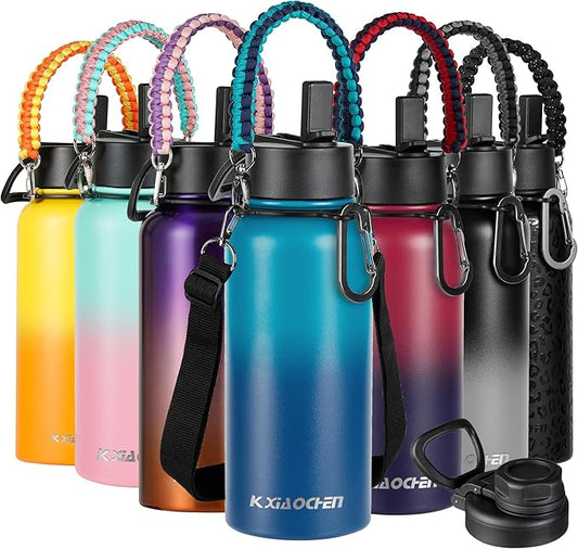 KXIAOCHEN Insulated Water Bottle, Stainless Steel Water Bottle, 2 Lids (Straw and Handle Lid),Wide Mouth Metal Water Bottles Keep Hot and Cold, Double Walled, Thermo Mug, Metal Canteen