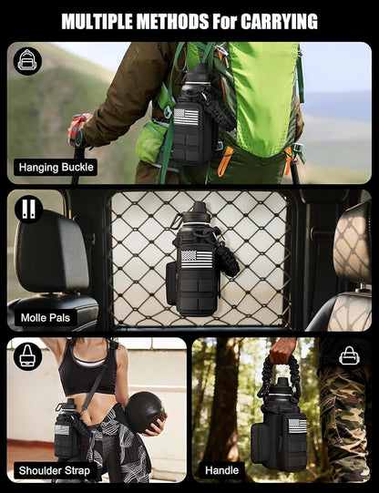 Tactical Water Bottle with Straw, 32 Oz Insulated Water Jug with Molle Water Bottle Holder, Stainless Steel Sport Bottle with 2 BPA Free Lids for Gym Workout Hiking (Black)