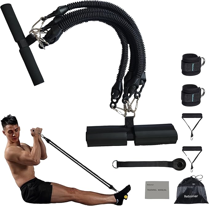 Pedal Resistance Band, Rebomer Exercise Band Home Fitness Band for Working Out, 4-Tube Elastic Sit Up Pull Rope for Men Women, Multifunction Tension Rope for Strength Training/Yoga with 2 Ankle Straps