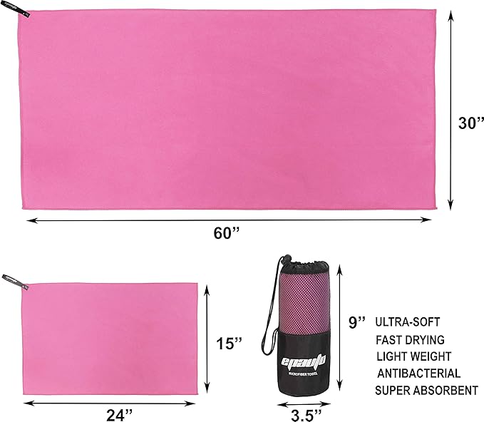 EPAuto 2-Pack Microfiber Quick Dry Towel Set - Lightweight, Super Absorbent & Compact Travel Towels (60"x30" & 24"x15") for Gym, Camping, Beach, Yoga & Backpacking, Pink