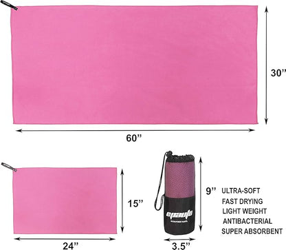 EPAuto 2-Pack Microfiber Quick Dry Towel Set - Lightweight, Super Absorbent & Compact Travel Towels (60"x30" & 24"x15") for Gym, Camping, Beach, Yoga & Backpacking, Pink