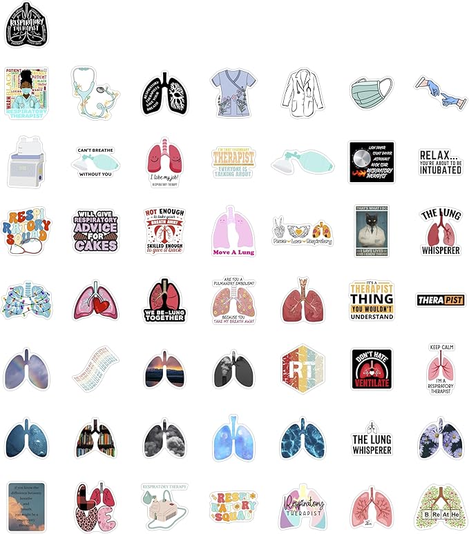 BulbaCraft 100Pcs Respiratory Therapist Stickers, RT Sticker for Water Bottle and Laptop - Respiratory Therapy Party Supplies & Decorations, Lung Waterproof Vinyl Medical Decals, Gifts for Women & Men
