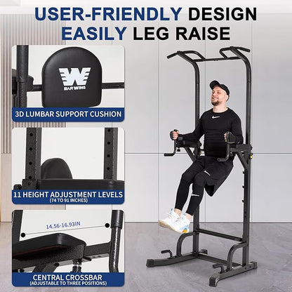 BARWING Pull Up Bar Station, Power Tower, Dip Station with 3D Backrest, Multi-Function Strength Training Stand Rack, Adjustable Height Dip Bar for Home Gym Workout Stand Fitness Exercise Equipment