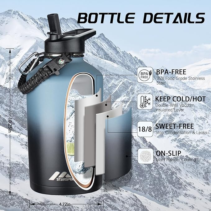 StarSpeed 64oz Insulated Water Bottle with Straws & 2 Lids, Half Gallon Stainless Steel Double Walled Vacuum Water Jug, Large Wide Mouth with Paracord Handle for Gym Camping Hiking, Indigo Black
