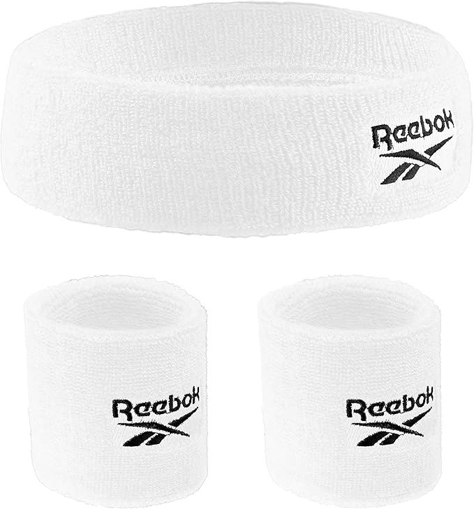 3pc Unisex Athletic Sweatband Set - 2.25in Workout Headband & 3.25in Wristbands w/Stay Dry Technology, Terry Cloth Band Moisture-Wicking Fabric | Quality Fitness Accessories for Active Comfort-Reebok