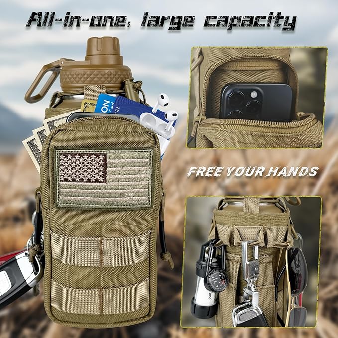 Half Gallon Water Bottle with Sleeve - 64 oz Stainless Steel Insulated Water Jug with Handle Wide Mouth Gym Water Bottles for Men Sports Workout Hiking Camping with Military Pouch Khaki