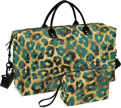 Weekender Bags Travel Duffel Gym Bag Leopard Green Skin Animal Carry on Overnight Tote Bag with Toiletry Bag for Airplane Travel Trip Gym Yoga