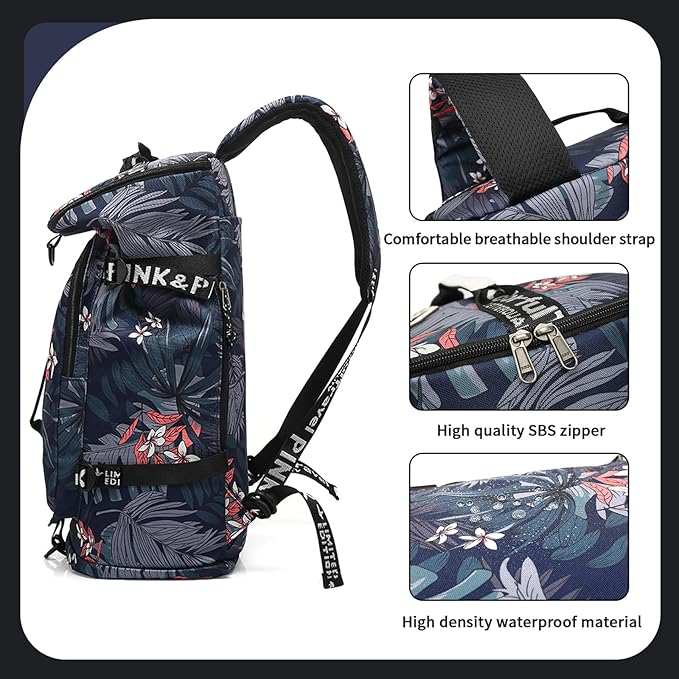 Floral gym duffel bag backpack, fashion wrestling bag,with shoe compartment, 4 kinds of back method waterproof travel sports walking laptop Lightweight (A-Floral Blue)
