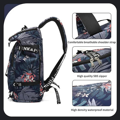 Floral gym duffel bag backpack, fashion wrestling bag,with shoe compartment, 4 kinds of back method waterproof travel sports walking laptop Lightweight (A-Floral Blue)