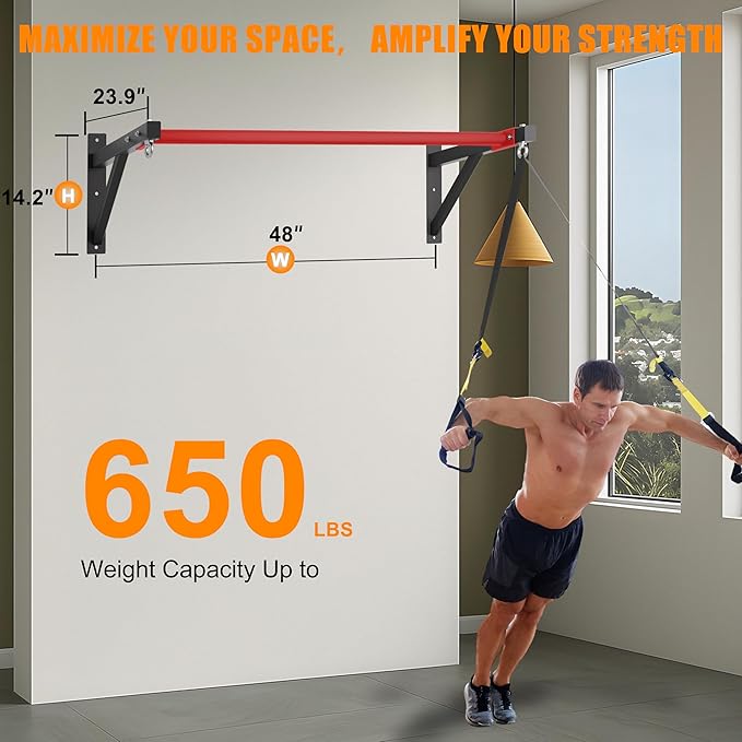 Pull Up Bar Wall Mounted, Heavy Duty 650 lbs Capacity Chin Up Bar, 48" Multi-Grip Strength Training Pull-up Bars, for Home Gym Garage/Backyard Total Body Workout, Ease Of Use Mounting