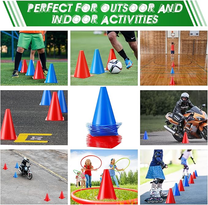 Vinsot 108 Pack Plastic Traffic Cones Set 48 Pack Agility Field Marker Soccer Cones 60 Pack Disc Training Cones with 3 Portable Bags for Skating Basketball Football Practice Drills(Red and Blue)