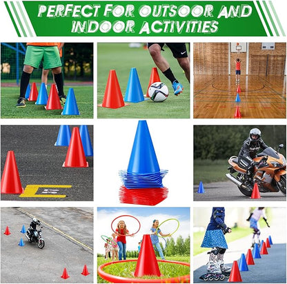 Vinsot 108 Pack Plastic Traffic Cones Set 48 Pack Agility Field Marker Soccer Cones 60 Pack Disc Training Cones with 3 Portable Bags for Skating Basketball Football Practice Drills(Red and Blue)