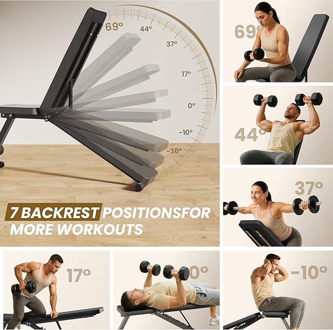 Adjustable Weight Bench for Home Gym, 7 Backrests Foldable Workout Bench for Dumbbell Exercise Full Body Exercise, Compact for Small Spaces, Incline Decline Flat Bench with 2-Second Quick Folding