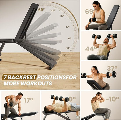 Adjustable Weight Bench for Home Gym, 7 Backrests Foldable Workout Bench for Dumbbell Exercise Full Body Exercise, Compact for Small Spaces, Incline Decline Flat Bench with 2-Second Quick Folding