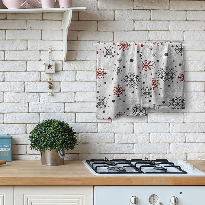 Winter Snowflake Bathroom Hand Towels Decorative Set 28.3x14 Inch Set of 2 Red Grey Snowflakes Decorative Bath Towels Christmas Holiday Super Soft Kitchen Towels for Bathroom Home Hotel Gym