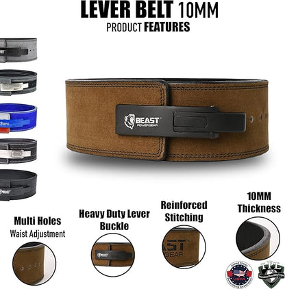 Beast Power Gear Weight Lifting Belt Lever Buckle 10MM 13MM Thick & 4 Inches Free Strap Weightlifting, Powerlifting, Deadlifts, Squats Men Women