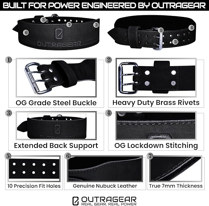 Real Leather Weight Lifting Belt - 7mm Gym Belt for Strength Training - Adjustable Buckle Weight Lifting Belts for Men & Women with Core Back Support