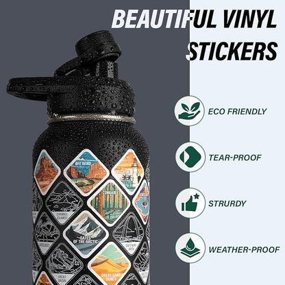 National Parks Water Bottle – 32 oz Insulated Stainless Steel Bottle with 63 Hand-Drawn Park Stickers, Carrier Bag, Strap & Gift Box – BPA-Free – Ideal for Hiking, Camping & Travel