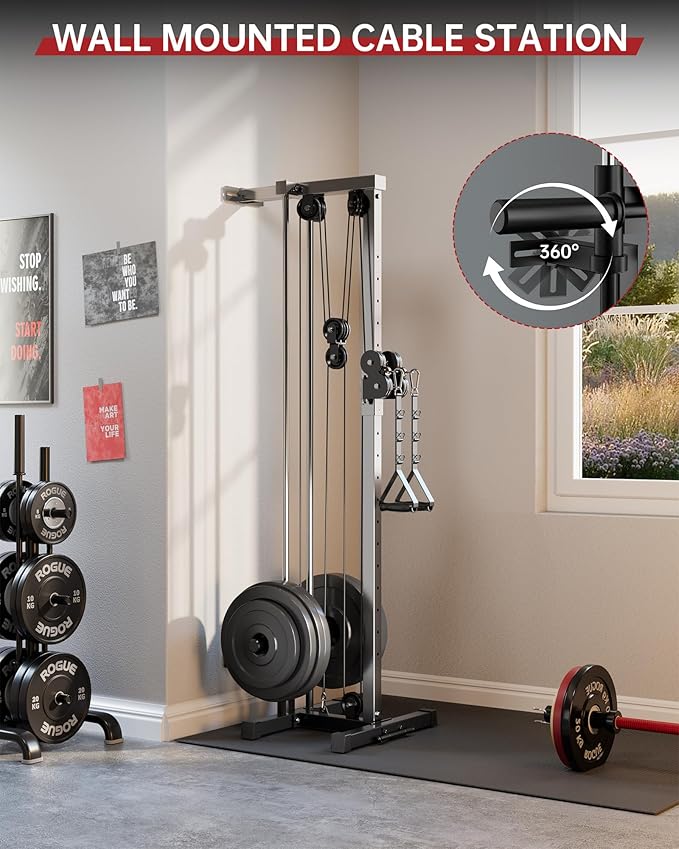 Wall Mount Cable Machine with 19-Position Dual Pulley System, LAT Pulldown & Cable Crossover Machine, Heavy Duty Functional Trainer Workout Equipment for Home Gym
