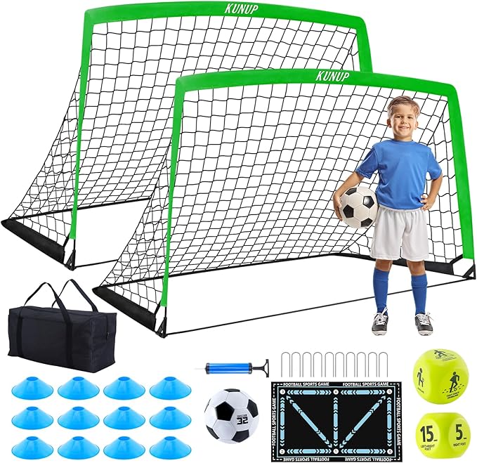 2 Set Kids Soccer Goals for Backyard with Training Equipment, Portable Foldable Practice Nets with Ball, Dice & Mat, Cones, Air Pump and Carry Bag for Toddler Youth Outdoor Sports Game
