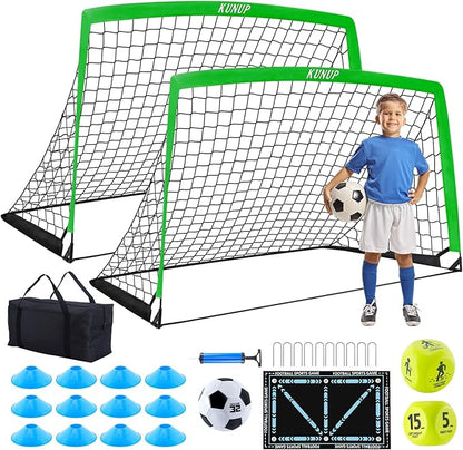 2 Set Kids Soccer Goals for Backyard with Training Equipment, Portable Foldable Practice Nets with Ball, Dice & Mat, Cones, Air Pump and Carry Bag for Toddler Youth Outdoor Sports Game