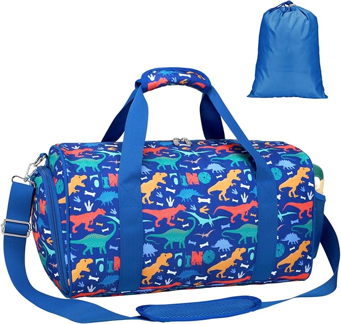 Bagseri Boys Duffle Bag for Travel - Kids Gym & Sports Bag with Shoe Compartment & Water Resistant Wet Pocket, Weekender for Camping & Sleepover (Blue Dinosaur)