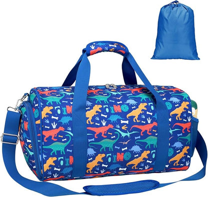 Bagseri Boys Duffle Bag for Travel - Kids Gym & Sports Bag with Shoe Compartment & Water Resistant Wet Pocket, Weekender for Camping & Sleepover (Blue Dinosaur)