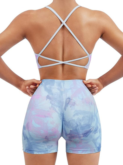 SUUKSESS Women Seamless Workout Sets Strappy Sports Bra High Waist Booty Shorts Outfits