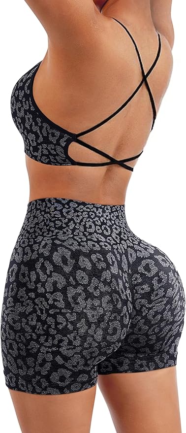 SUUKSESS Women Seamless Workout Sets Strappy Sports Bra High Waist Booty Shorts Outfits