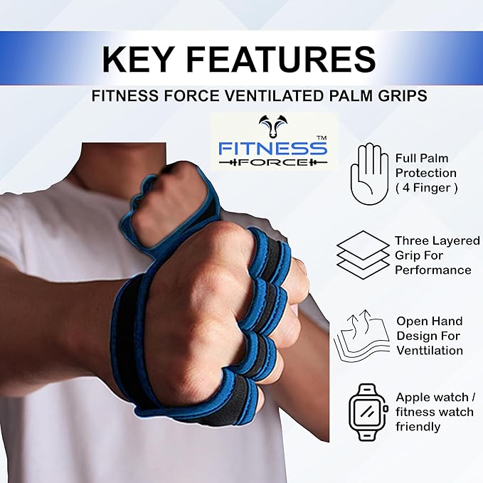 FITNESS FORCE Workout Gloves for Men & Women Partial Weight Lifting Gloves Non-Slip Gym Grip for Weight Lifting Calluses Guard Fingerless Exercise Gloves with Full Palm Protection