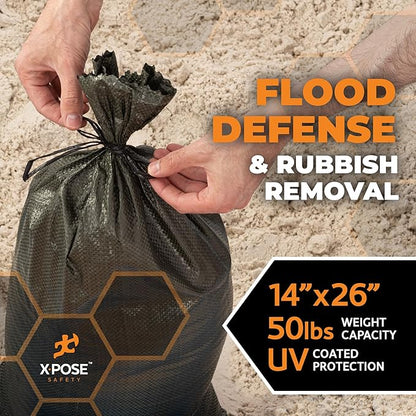 Xpose Safety Heavy Duty Sand Bags with Tie Strings – Empty Woven Polypropylene Sandbags for Hurricane Flood Protection, 50 lb Capacity, 14" x 26", Green, Bulk Full Pallet Pack of 15000