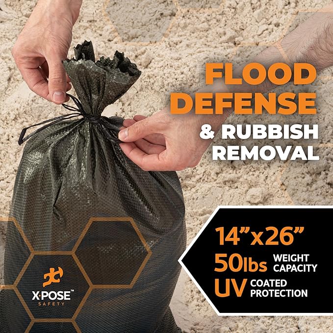 Xpose Safety Heavy Duty Sand Bags with Tie Strings – Empty Woven Polypropylene Sandbags for Hurricane Flood Protection, 50 lb Capacity, 14" x 26", Green, Pack of 500