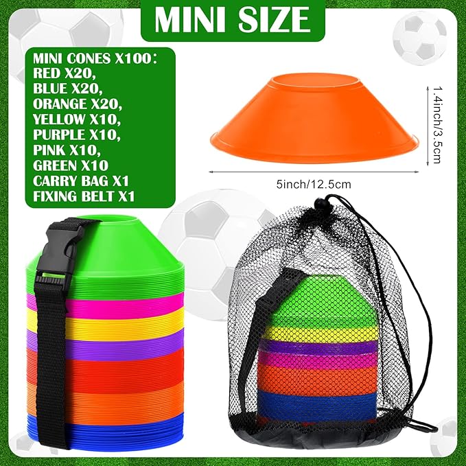 Hanaive 100 Pieces Mini Soccer Cones for Sport Drills 5 Inch Agility Disc Cones with Accessories for Kids Football Training