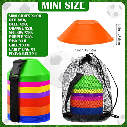 Hanaive 100 Pieces Mini Soccer Cones for Sport Drills 5 Inch Agility Disc Cones with Accessories for Kids Football Training