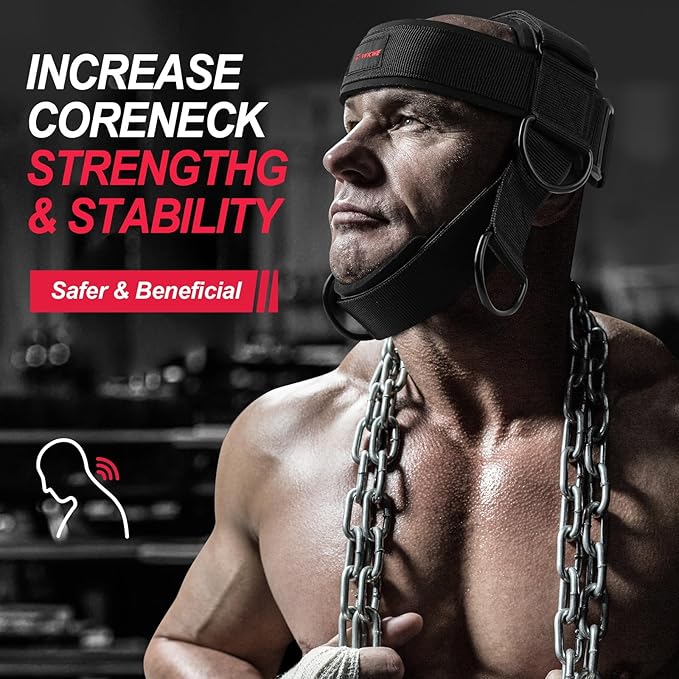 Neck Harness for Increases Neck Core Strength - Neck Exerciser with 30" Heavy Duty Steel Chain for Safely Lifting Weights Up to 280 lbs, Adjustable Head with Nylon Tether and 2 Carabiners