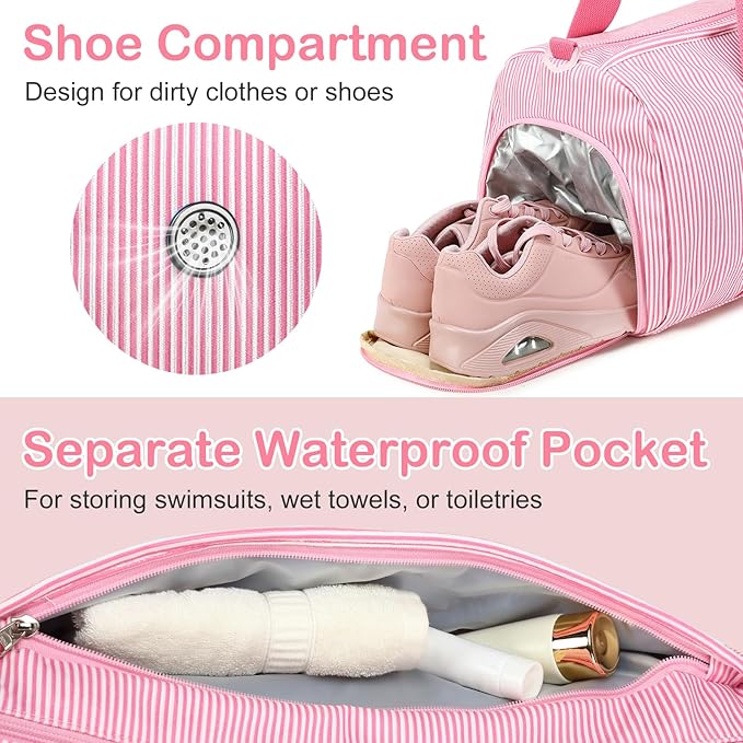 Gym Bag Sports Duffle Bag with Wet Pocket Weekender Overnight Bags with Shoe Compartment for Girls Kids Women Dance Workout Travel Bags (Pink Stripe)