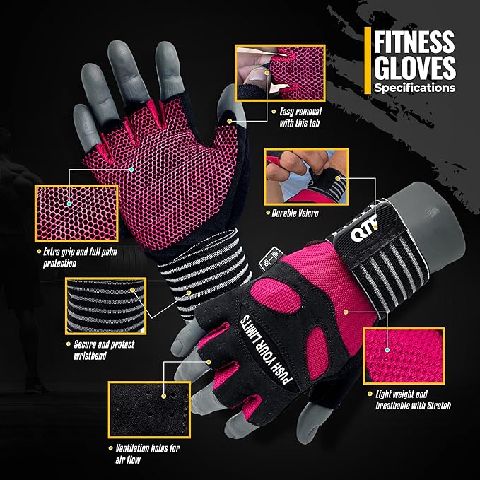 QTF Weight Lifting Gym Workout Gloves with Long Wrist Strap, Fingerless Gym Gloves for Men & Women, Full Palm Protection, for Weightlifting, Training, Fitness, Hanging