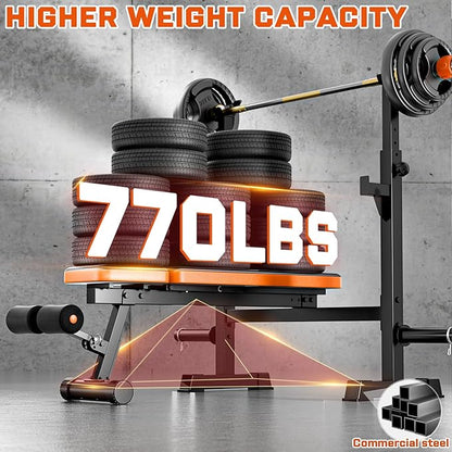 Fostoy 770lbs Weight Bench Set with Squat Rack, 5 in 1 Workout Bench Press With Removable Foot Catch, Adjustable Flat Incline Sit Up Bench for Home Gym Full Body Strength Training