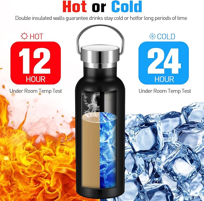 Cunhill 10 Pack Reusable Stainless Steel Water Bottle Bulk Double Wall Insulated Sports Water Bottle with Handle and Vacuum Seal Leakproof Lid for Sports Cyclists Hiking Gym Camping Gift(Black,17 oz)