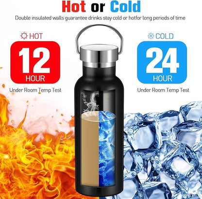 Cunhill 10 Pack Reusable Stainless Steel Water Bottle Bulk Double Wall Insulated Sports Water Bottle with Handle and Vacuum Seal Leakproof Lid for Sports Cyclists Hiking Gym Camping Gift(Black,17 oz)