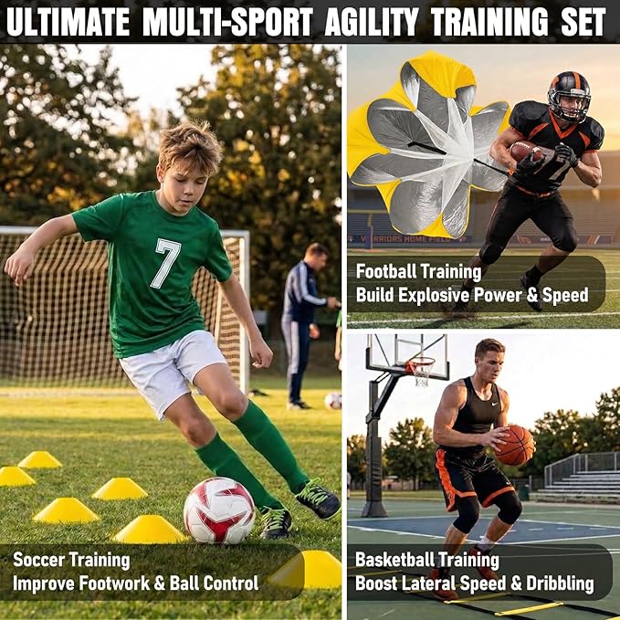 Agility Ladder, Agility Speed Training Equipment Set, 20ft Speed Ladder, 12 Soccer Cones, 4 Hurdles, Jump Rope, Running Parachute, Soccer Football Basketball Training Equipment Accessories