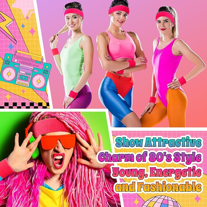 3 Pack Neon Sweatbands Set 80s Wristband and Headband Color War Accessories Sports Sweatbands for Summer Ball Party