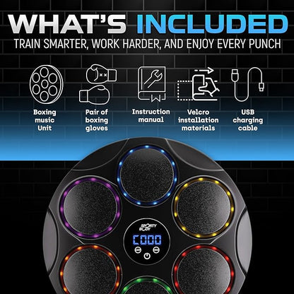Music Boxing Beatbox Trainer by Sporty Body, 9 Speeds & 9 Light Modes, Bluetooth Sync, Auto Counting, and Durable ABS Body for Home Workouts, Supports 440lbs Punch Force, Wall Mounted Boxing Machine