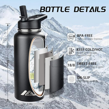 StarSpeed 32oz Insulated Water Bottle with Straws & 2 Lids, Stainless Steel Double Walled Vacuum Water Flask, Wide Mouth Sports Water Bottle for Gym Camping Hiking, Black