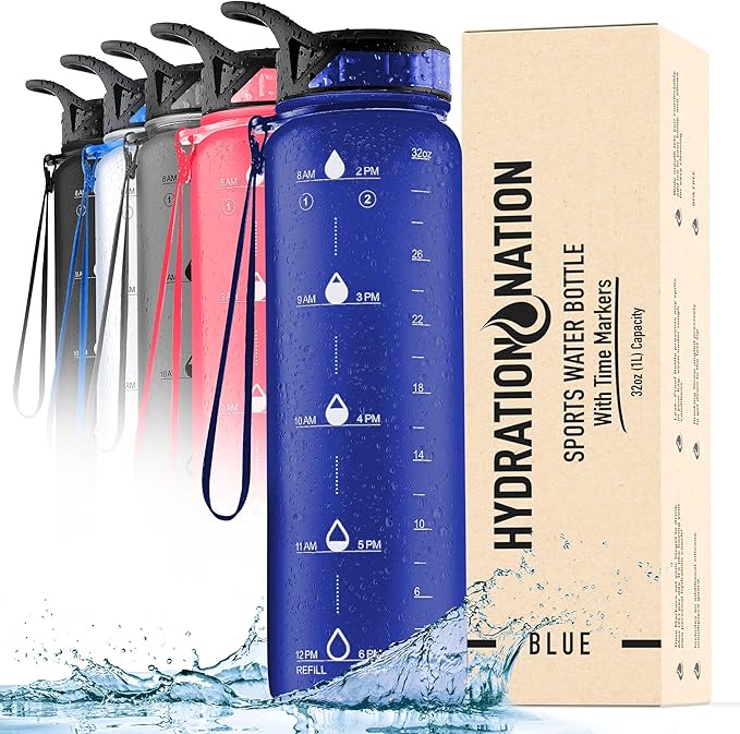 Hydration Nation (32oz Water Bottle With Time Marker - Leak Proof Water Bottles With Times To Drink For Fitness & Sports - 32oz Water Bottle With Straw For Drinking - Water Tracker Bottles (Blue)
