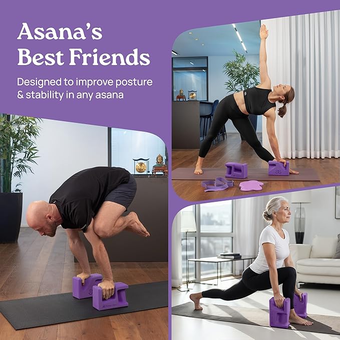 PRO Yoga Blocks | Ergonomic Yoga Block 2 Pack for Wrist Comfort and Support | EVA Foam Exercise Blocks, 2x Knee Pads & Yoga Strap | Pilates Block Set | Bricks to Eliminate Wrist Pain